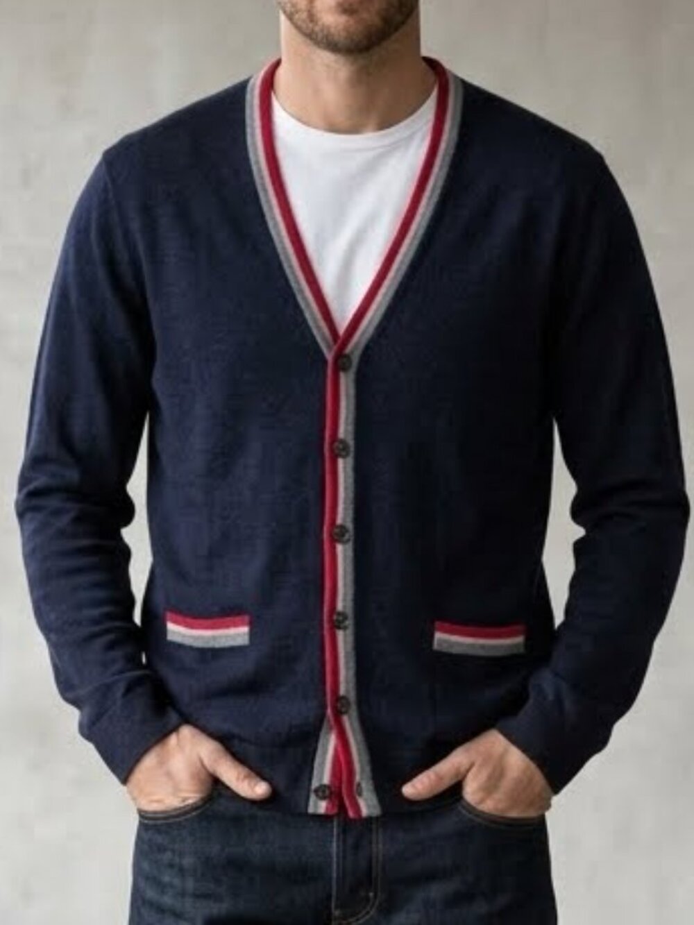 Brooks Brothers Italian Merino Wool Button Cardigan Sweater Blue Red Men's XL